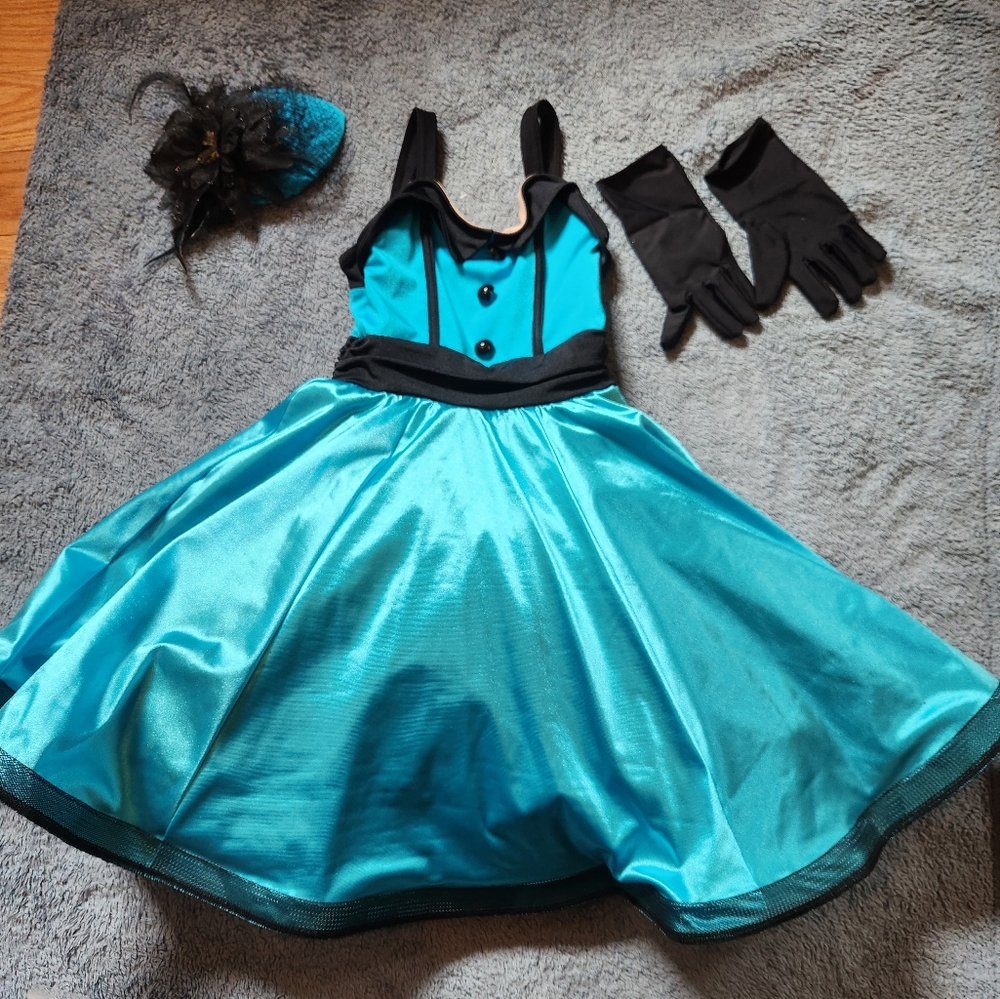 Dance costume, blue satin, gloves and hair clip hat, great condition size 7-8